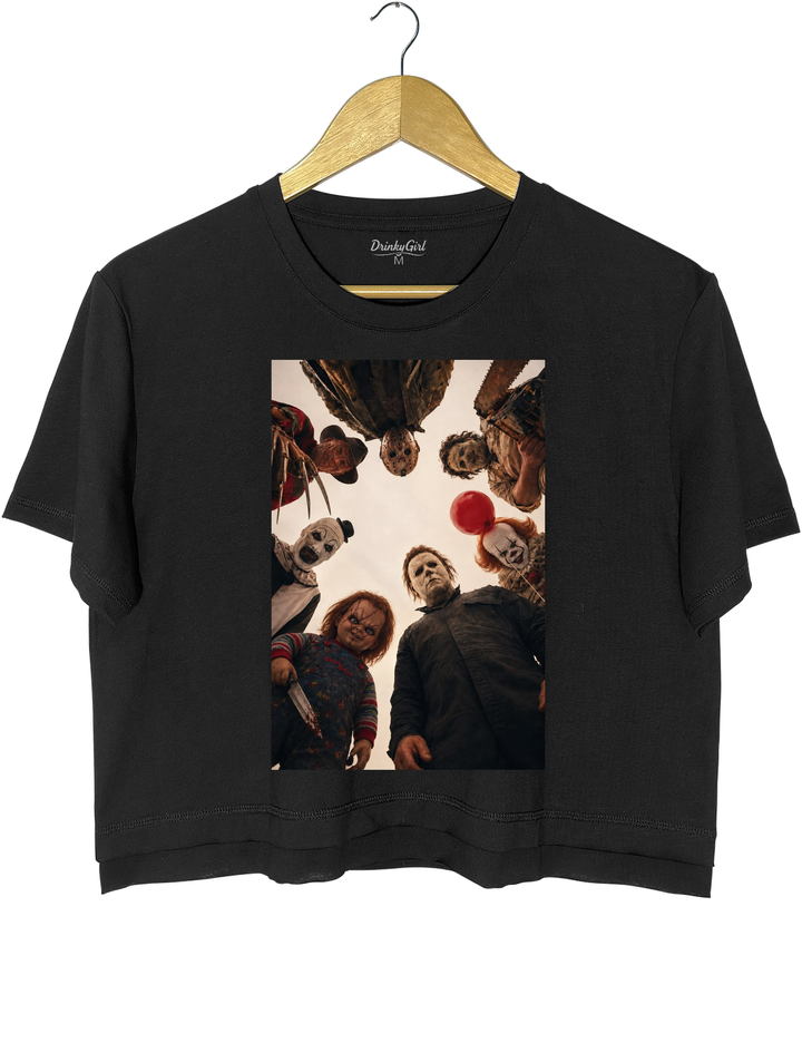 Horror Movie Icons Circle Group Portrait Crop Top - Black