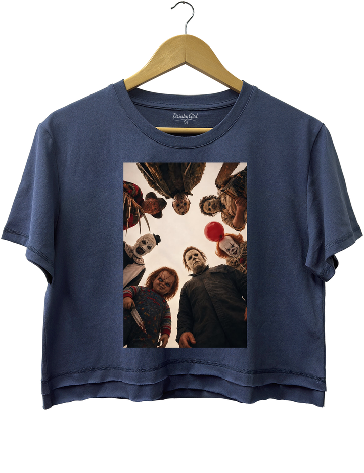 Horror Movie Icons Circle Group Portrait Crop Top - Navy Blue