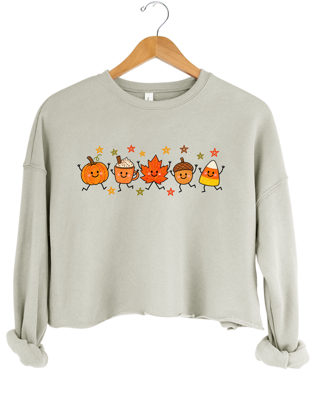 Cute Autumn Pumpkin Drink Maple Leaf Acorn Candy Corn Parade Crop Sweatshirt - Gray