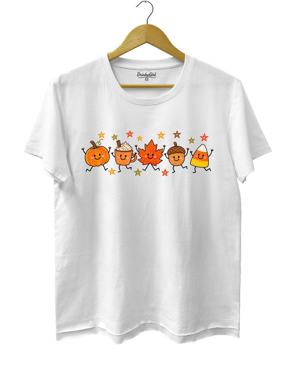 Cute Autumn Pumpkin Drink Maple Leaf Acorn Candy Corn Parade Tee - White