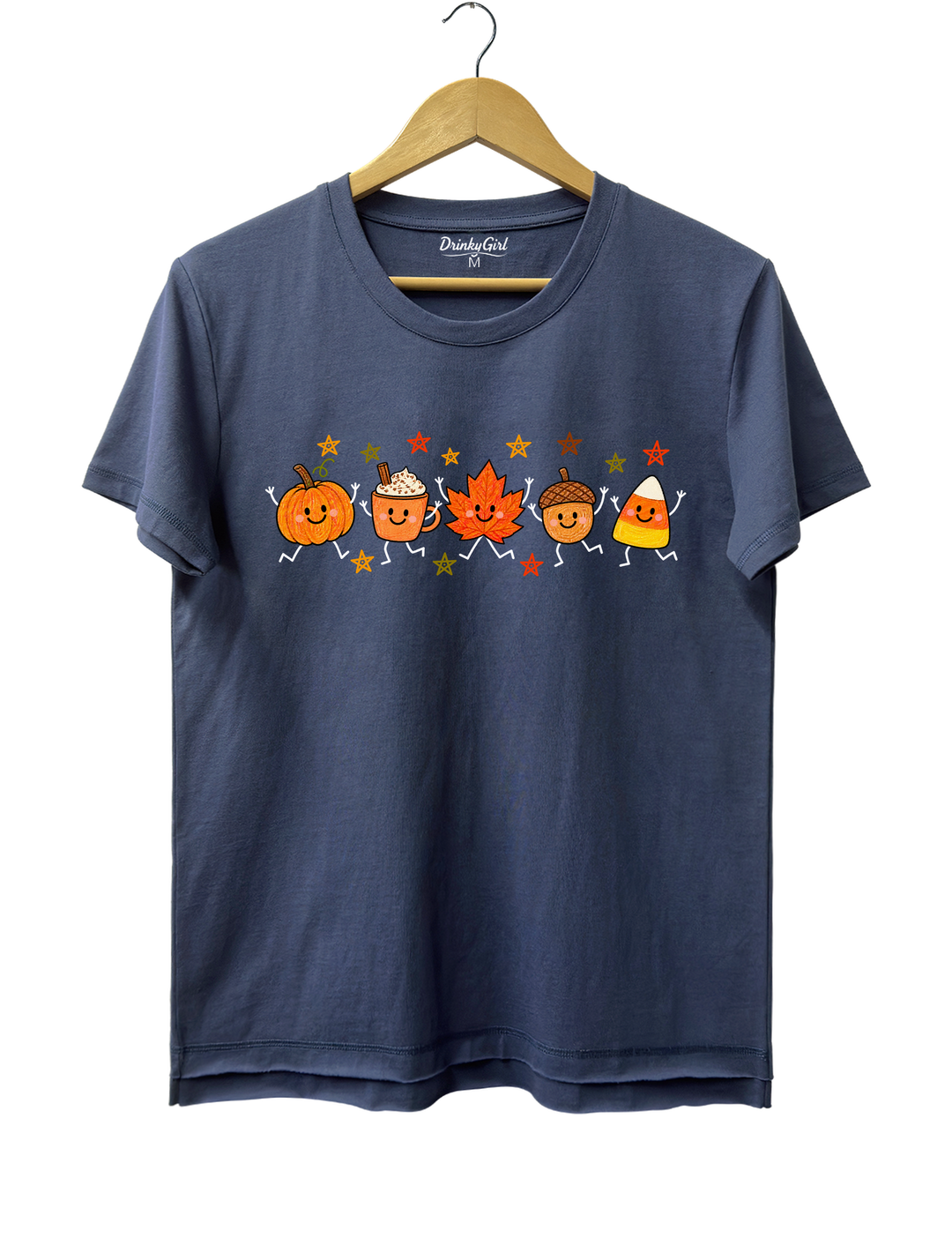 Cute Autumn Pumpkin Drink Maple Leaf Acorn Candy Corn Parade Tee - Navy Blue