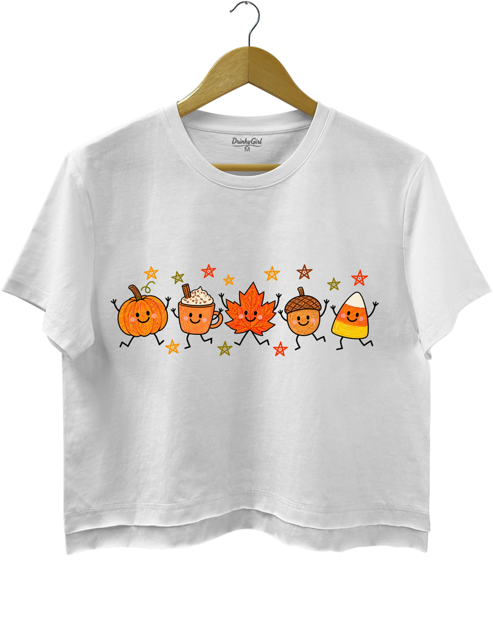 Cute Autumn Pumpkin Drink Maple Leaf Acorn Candy Corn Parade Crop Top - White