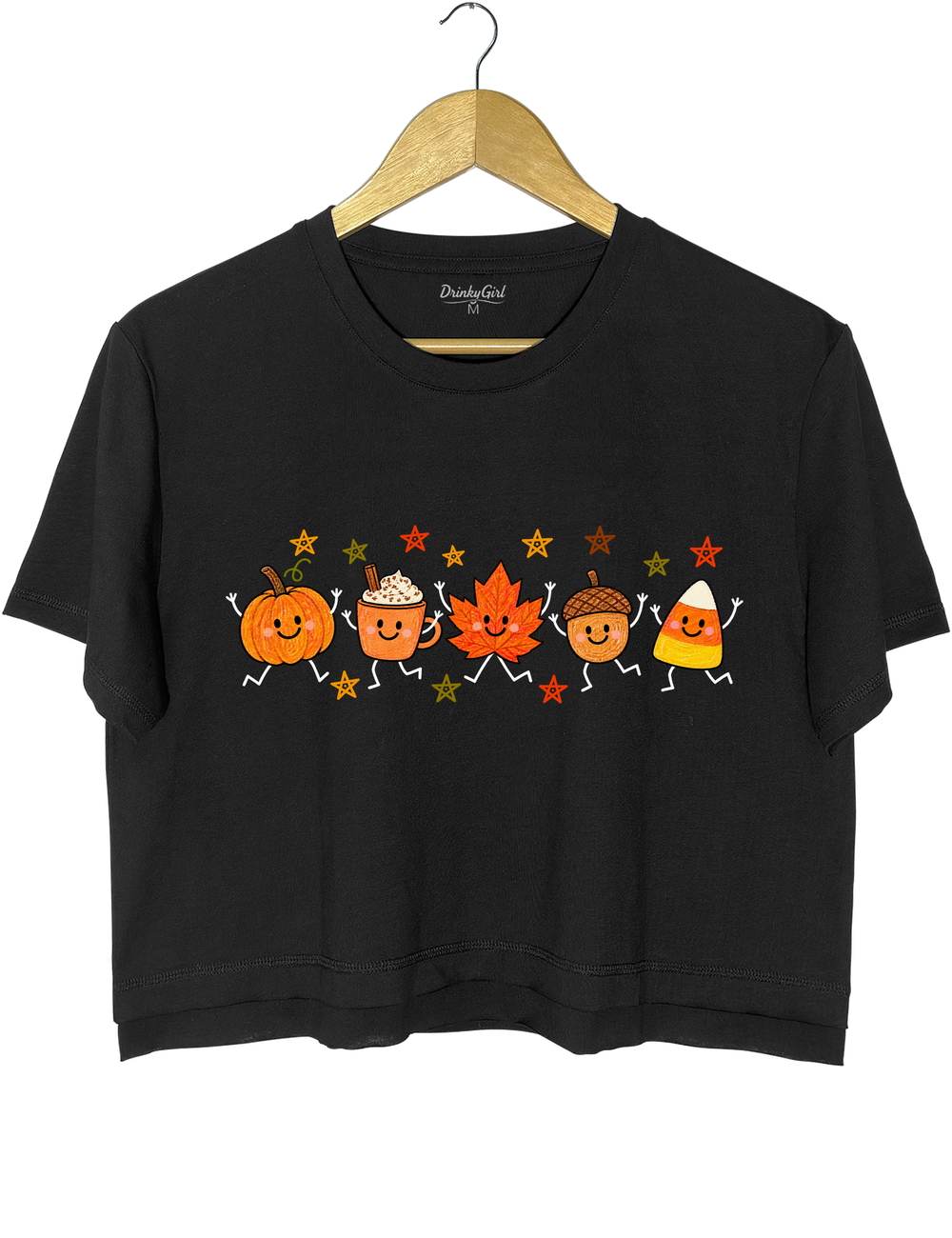 Cute Autumn Pumpkin Drink Maple Leaf Acorn Candy Corn Parade Crop Top - Black