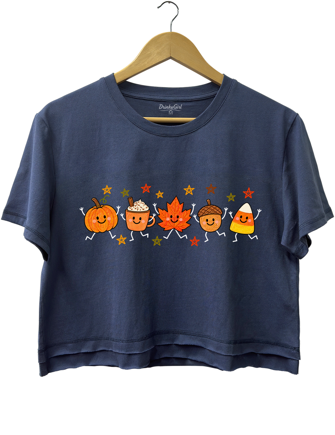 Cute Autumn Pumpkin Drink Maple Leaf Acorn Candy Corn Parade Crop Top - Navy Blue