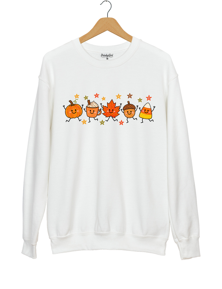 Cute Autumn Pumpkin Drink Maple Leaf Acorn Candy Corn Parade Sweatshirt - White