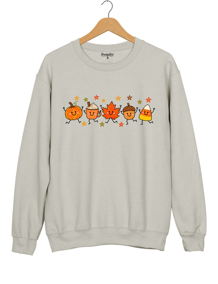 Cute Autumn Pumpkin Drink Maple Leaf Acorn Candy Corn Parade Sweatshirt - Gray