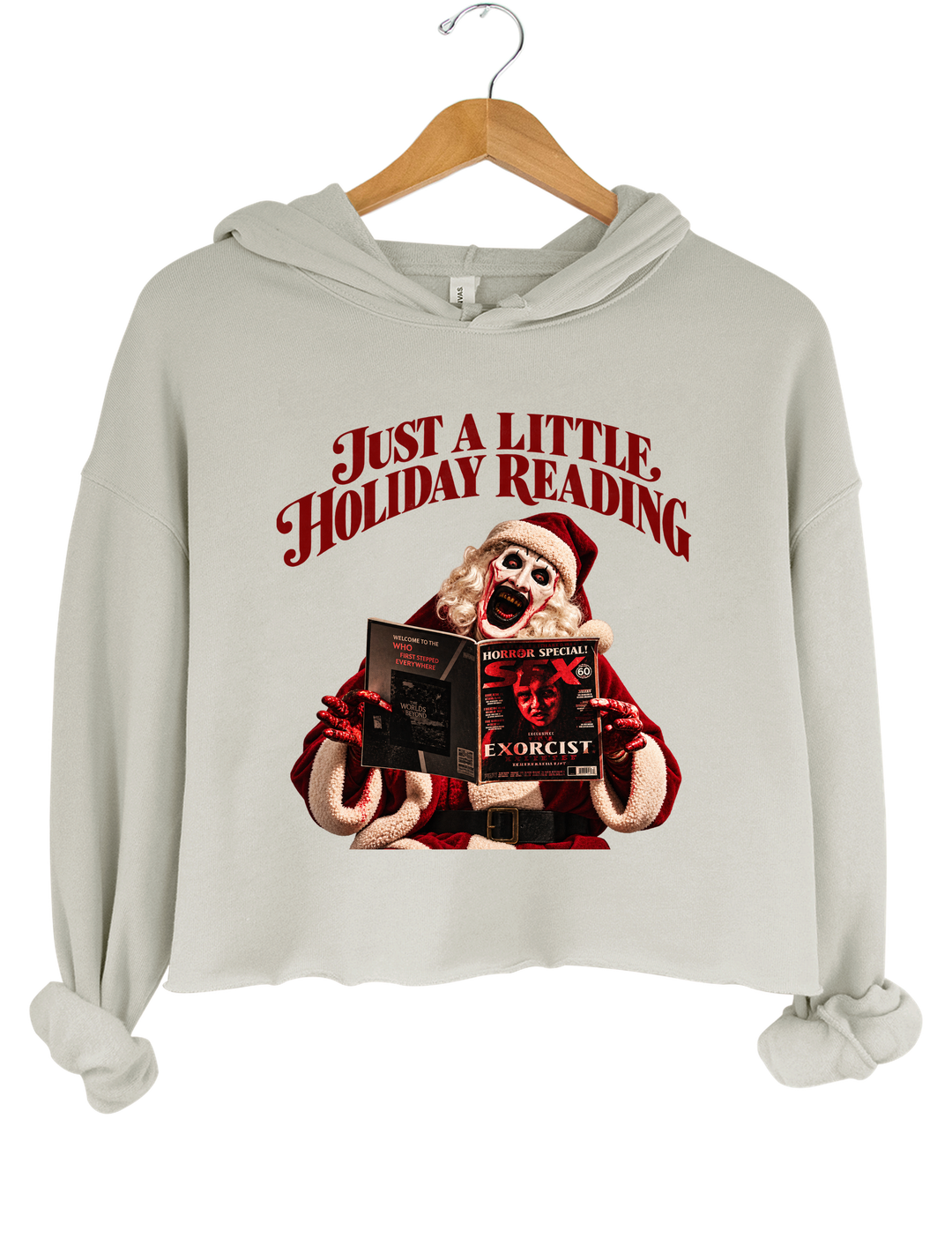 Just a Little Holiday Reading Horror Santa Crop Hoodie - Gray