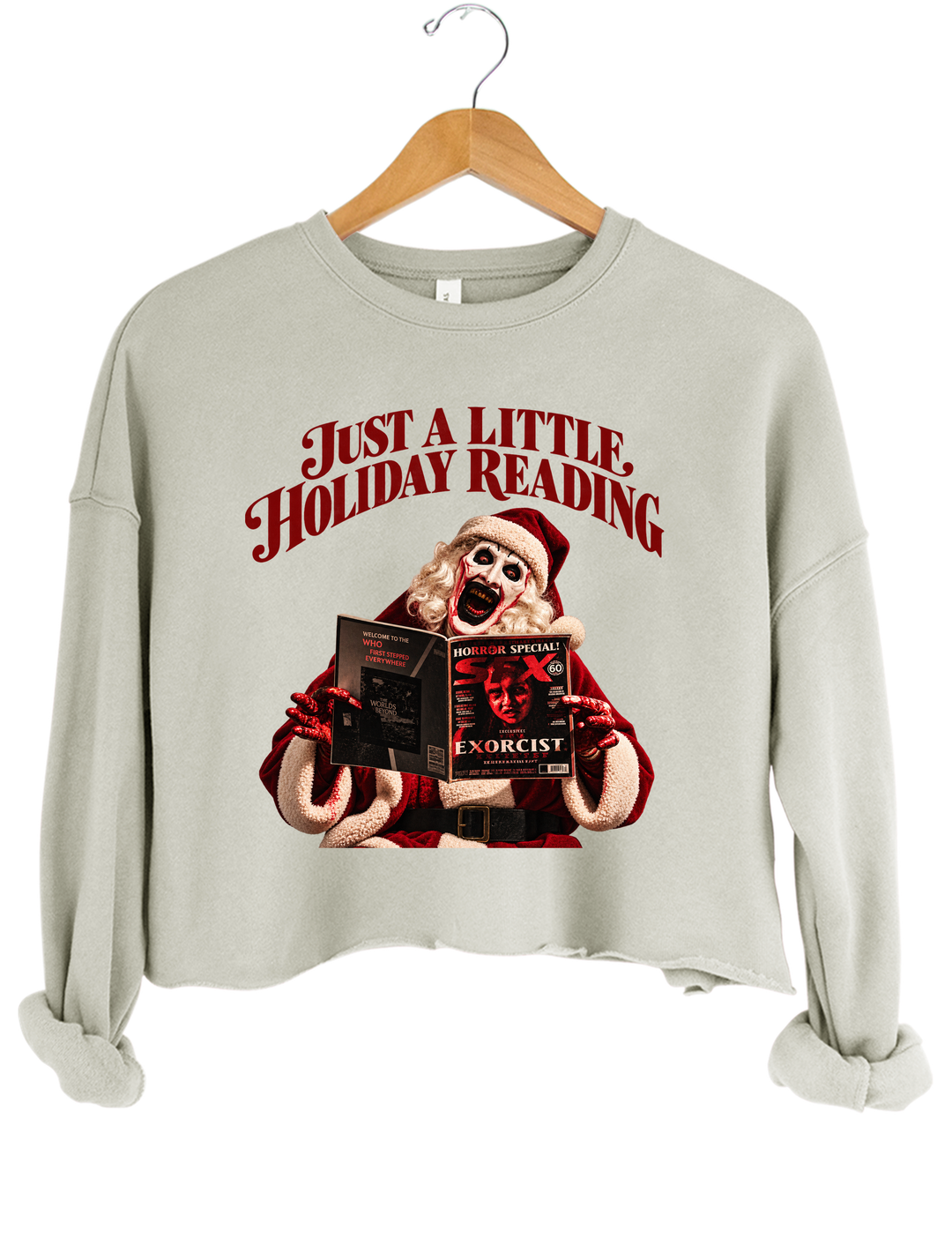 Just a Little Holiday Reading Horror Santa Crop Sweatshirt - Gray