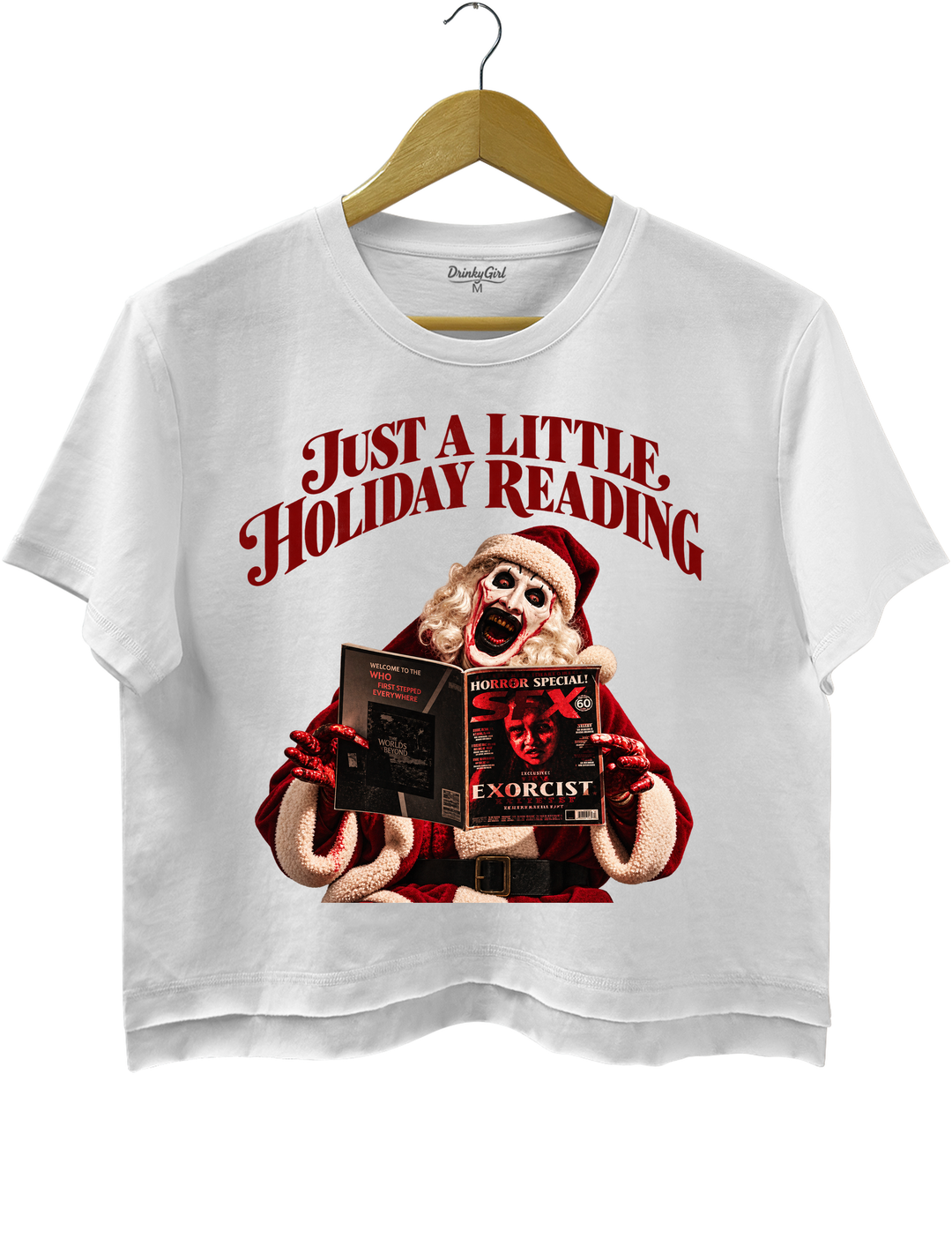 Just a Little Holiday Reading Horror Santa Crop Top - White