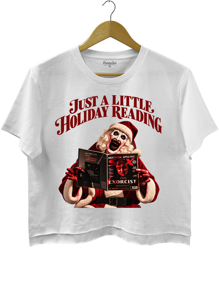 Just a Little Holiday Reading Horror Santa Crop Top - White