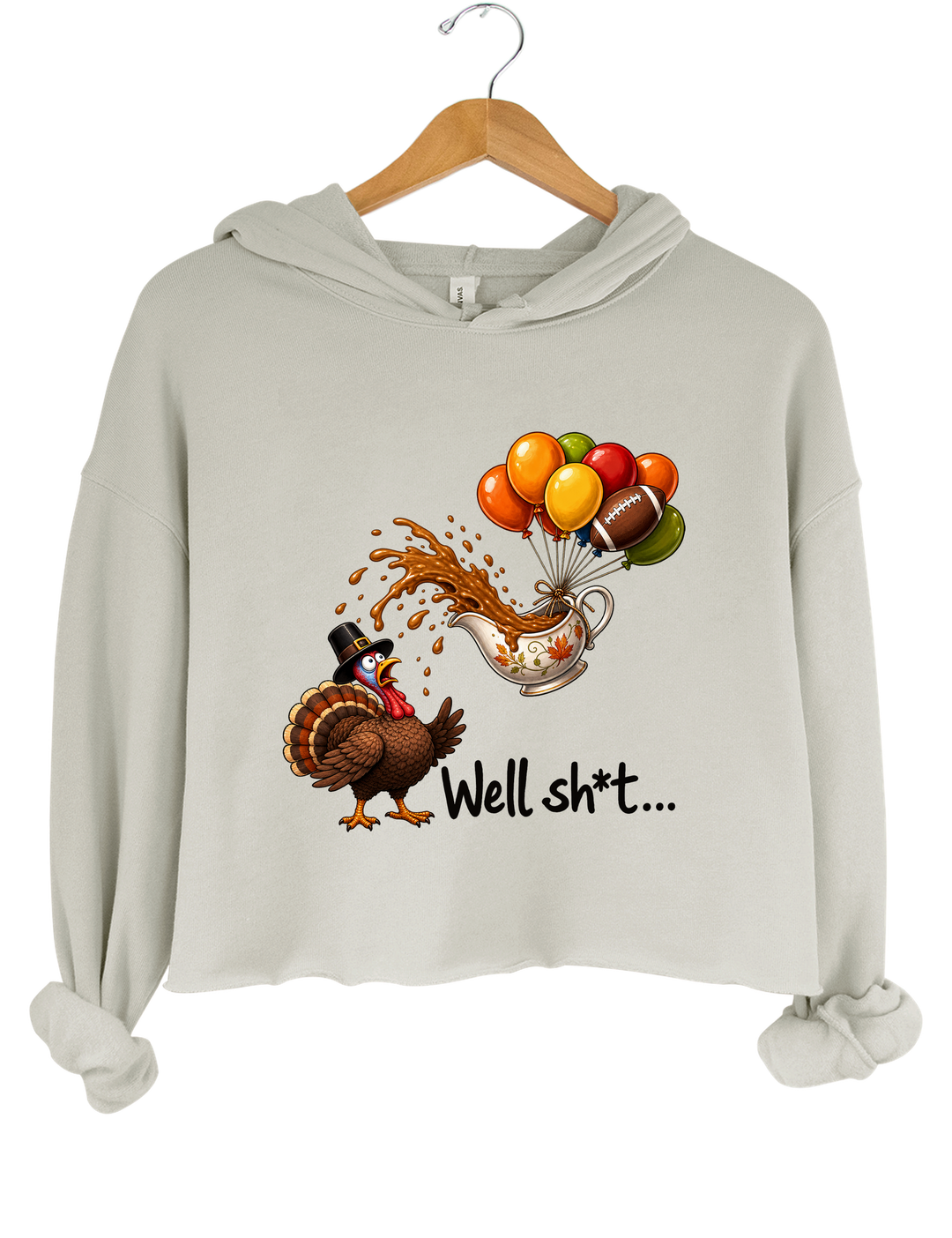 Well Sht Turkey and Flying Gravy Boat Crop Hoodie - Gray