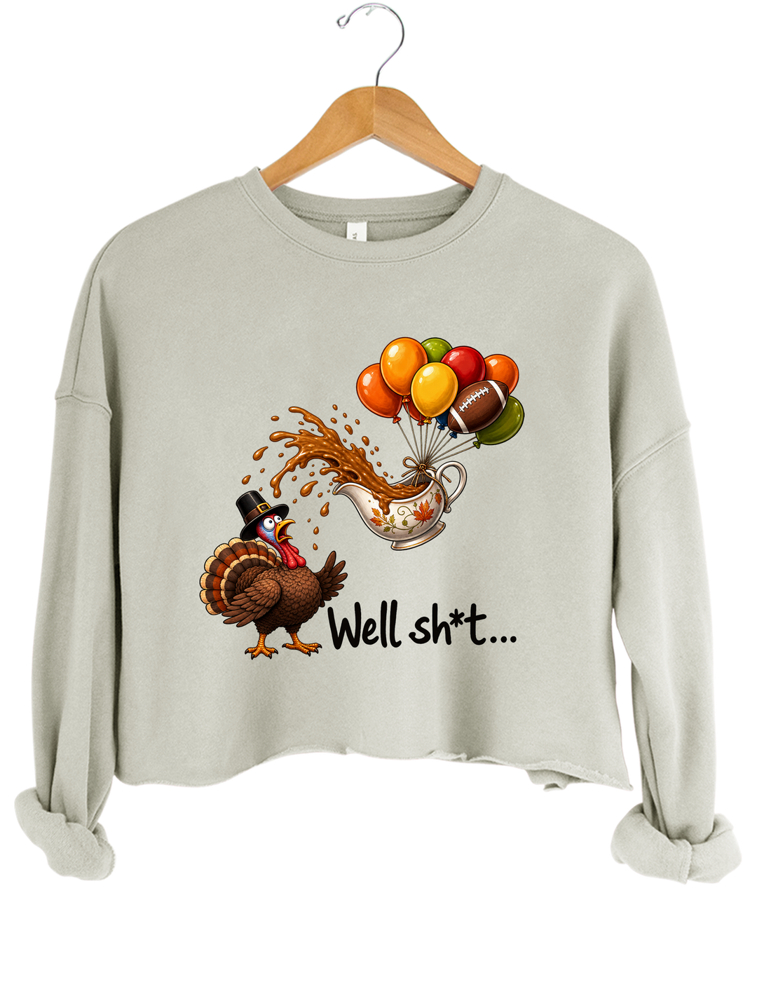 Well Sht Turkey and Flying Gravy Boat Crop Sweatshirt - Gray