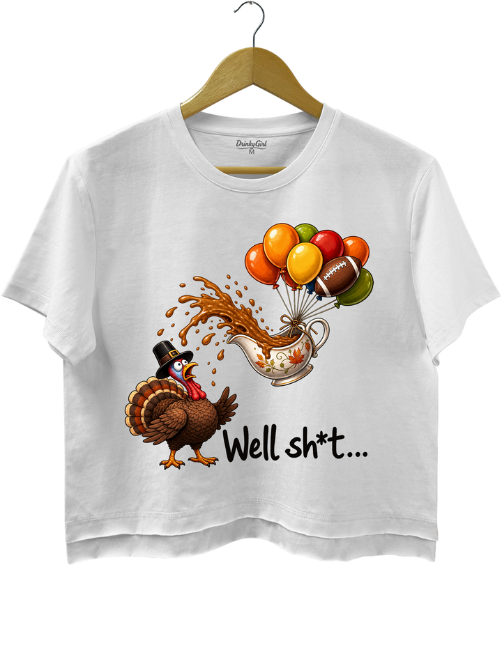 Well Sht Turkey and Flying Gravy Boat Crop Top - White