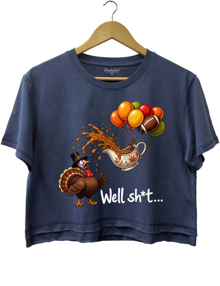 Well Sht Turkey and Flying Gravy Boat Crop Top - Navy Blue