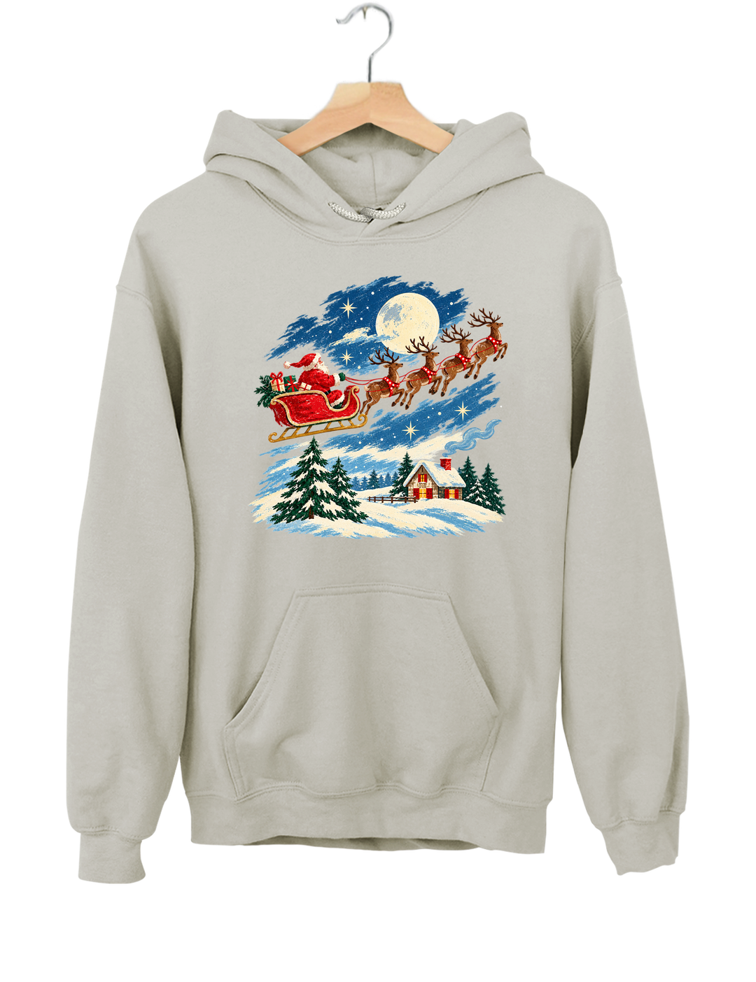 Vintage Watercolor Santa Sleigh Christmas Night Hoodie - Gray