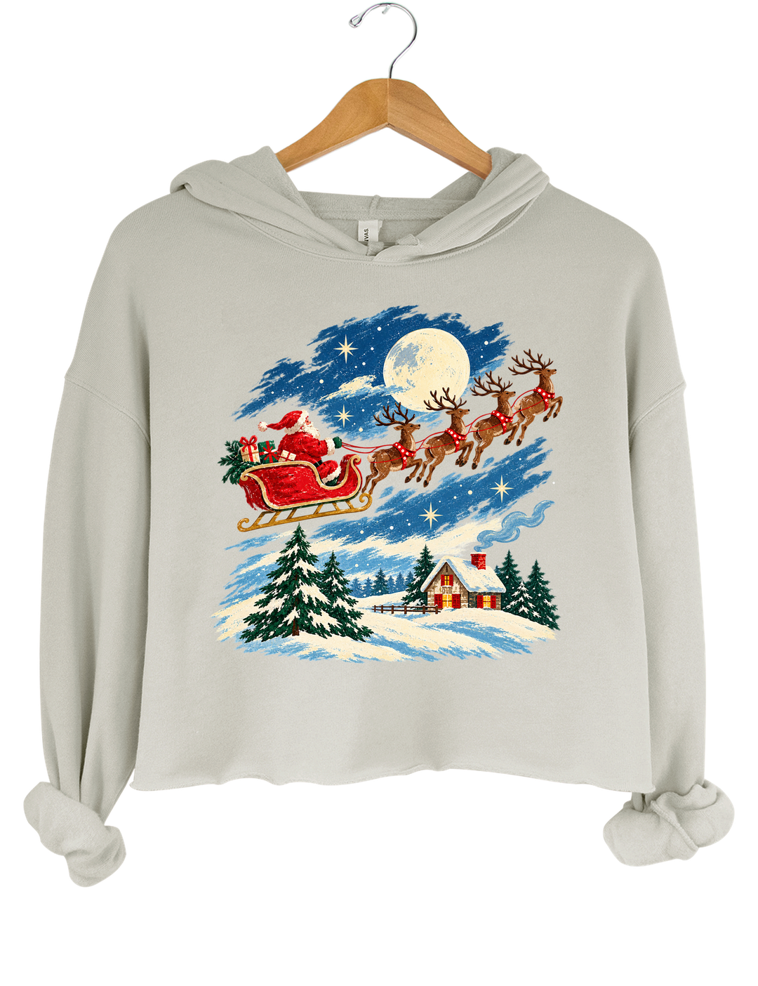 Vintage Watercolor Santa Sleigh Christmas Night Crop Hoodie - Gray
