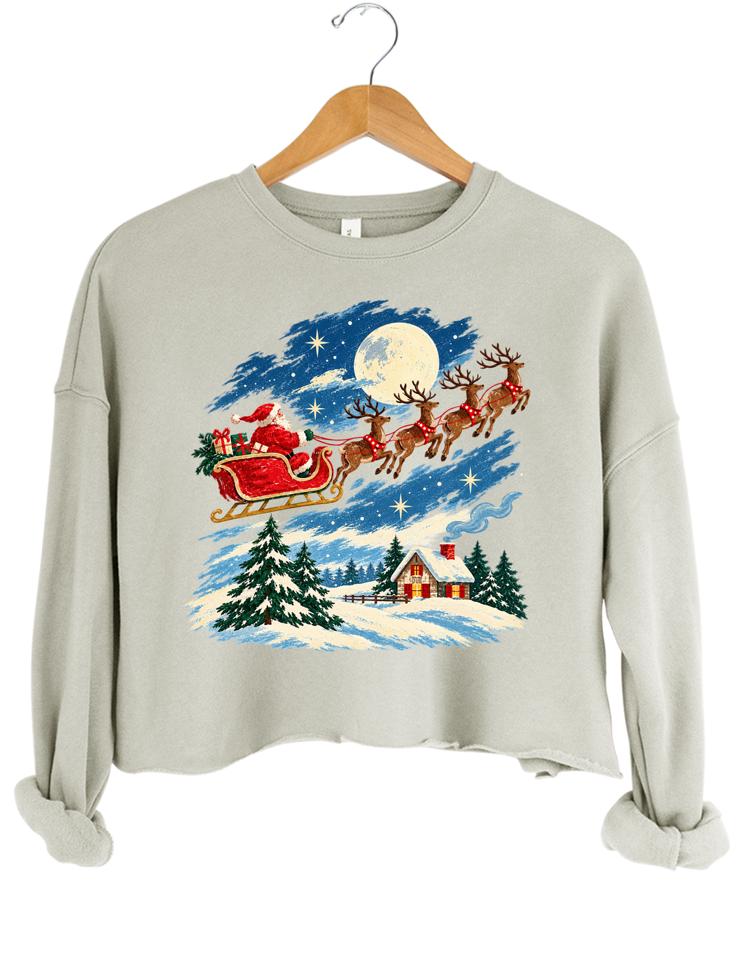 Vintage Watercolor Santa Sleigh Christmas Night Crop Sweatshirt - Gray