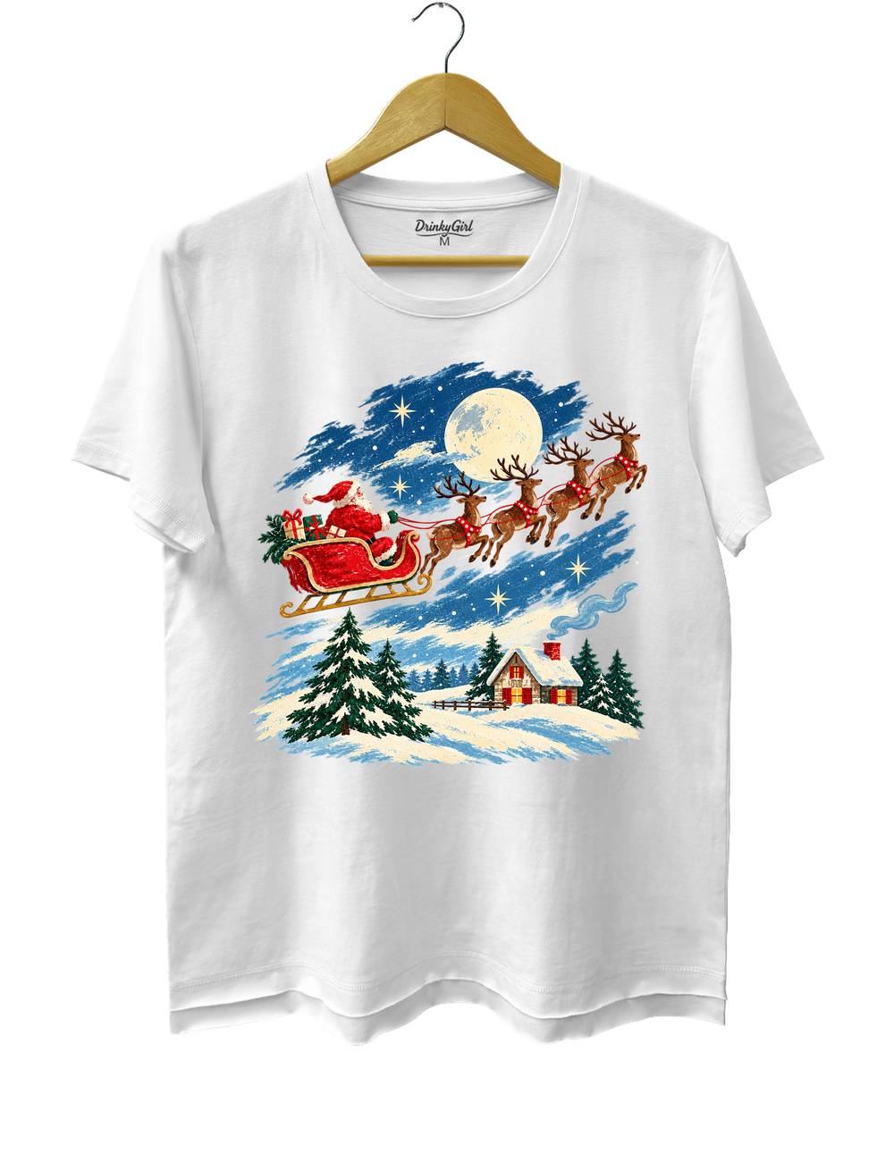 Vintage Watercolor Santa Sleigh Christmas Night Tee - White
