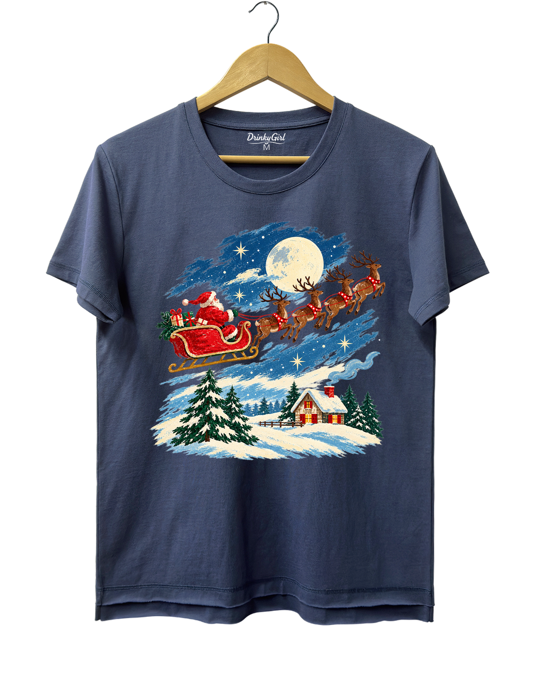 Vintage Watercolor Santa Sleigh Christmas Night Tee - Navy Blue