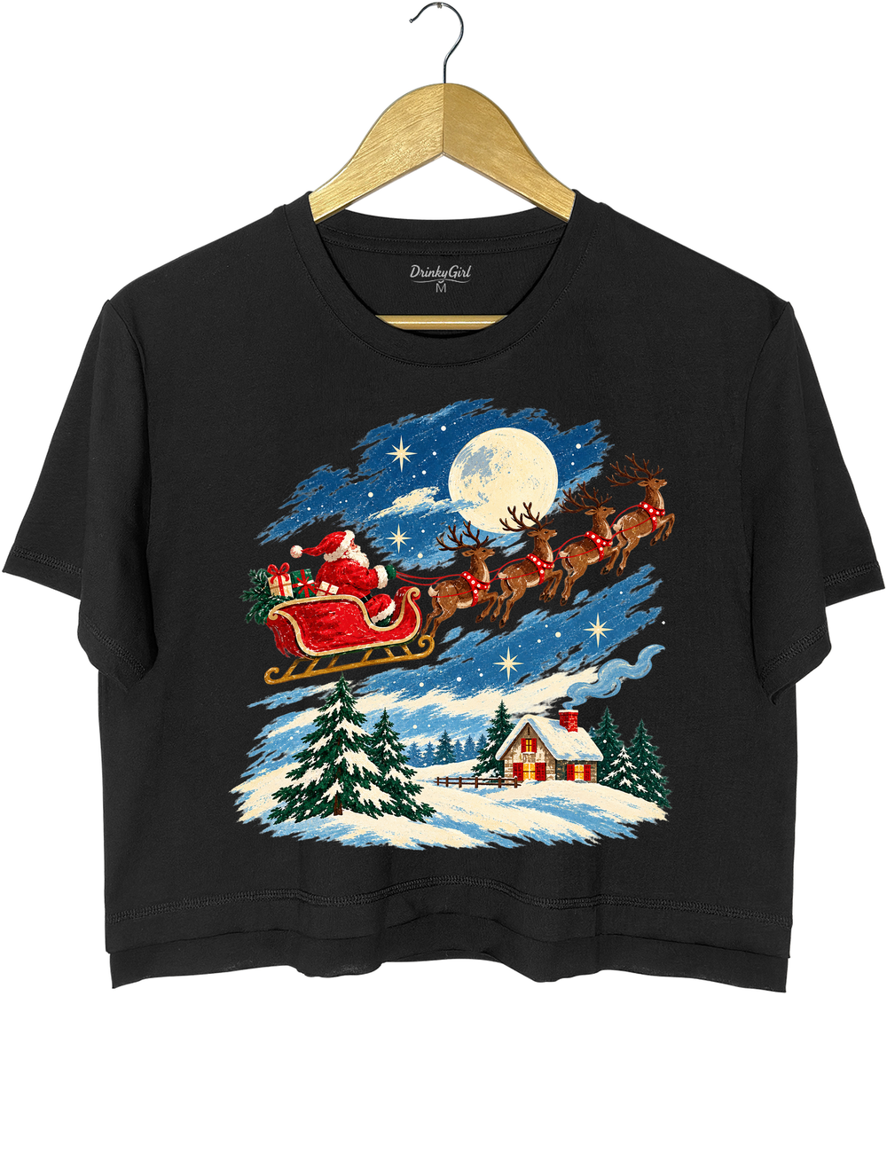 Vintage Watercolor Santa Sleigh Christmas Night Crop Top - Black