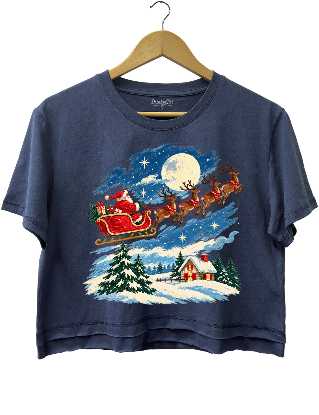 Vintage Watercolor Santa Sleigh Christmas Night Crop Top - Navy Blue