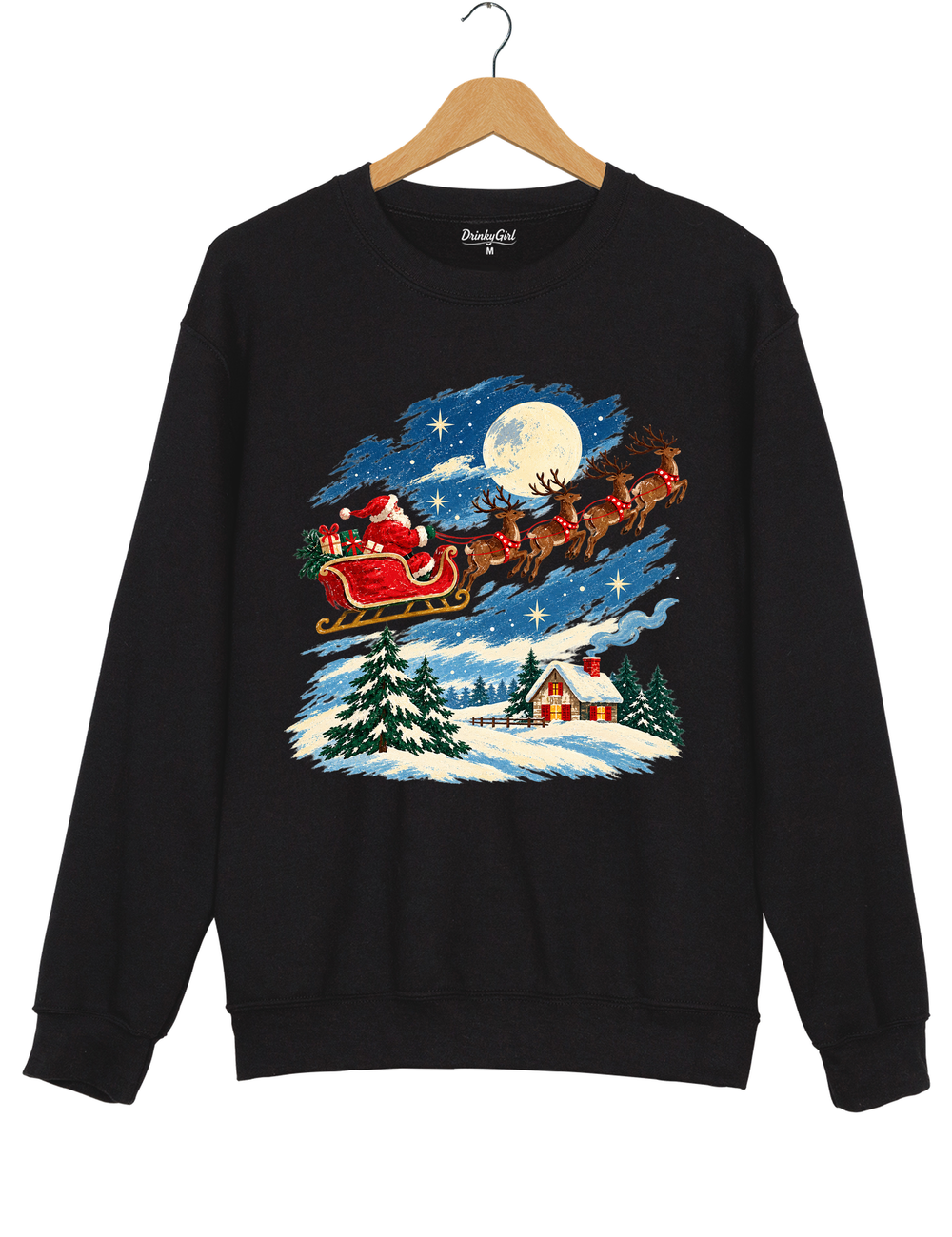 Vintage Watercolor Santa Sleigh Christmas Night Sweatshirt - Black