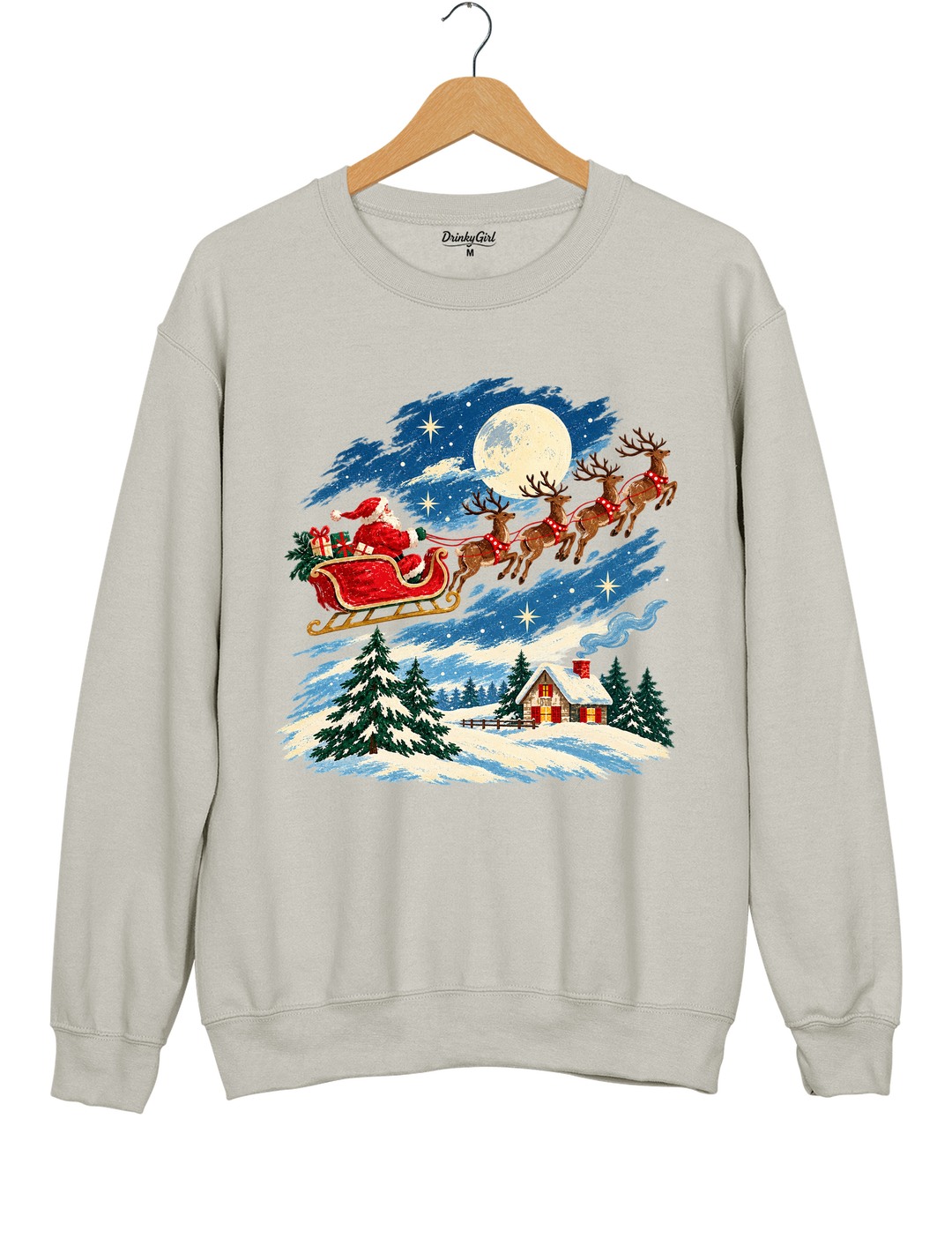 Vintage Watercolor Santa Sleigh Christmas Night Sweatshirt - Gray