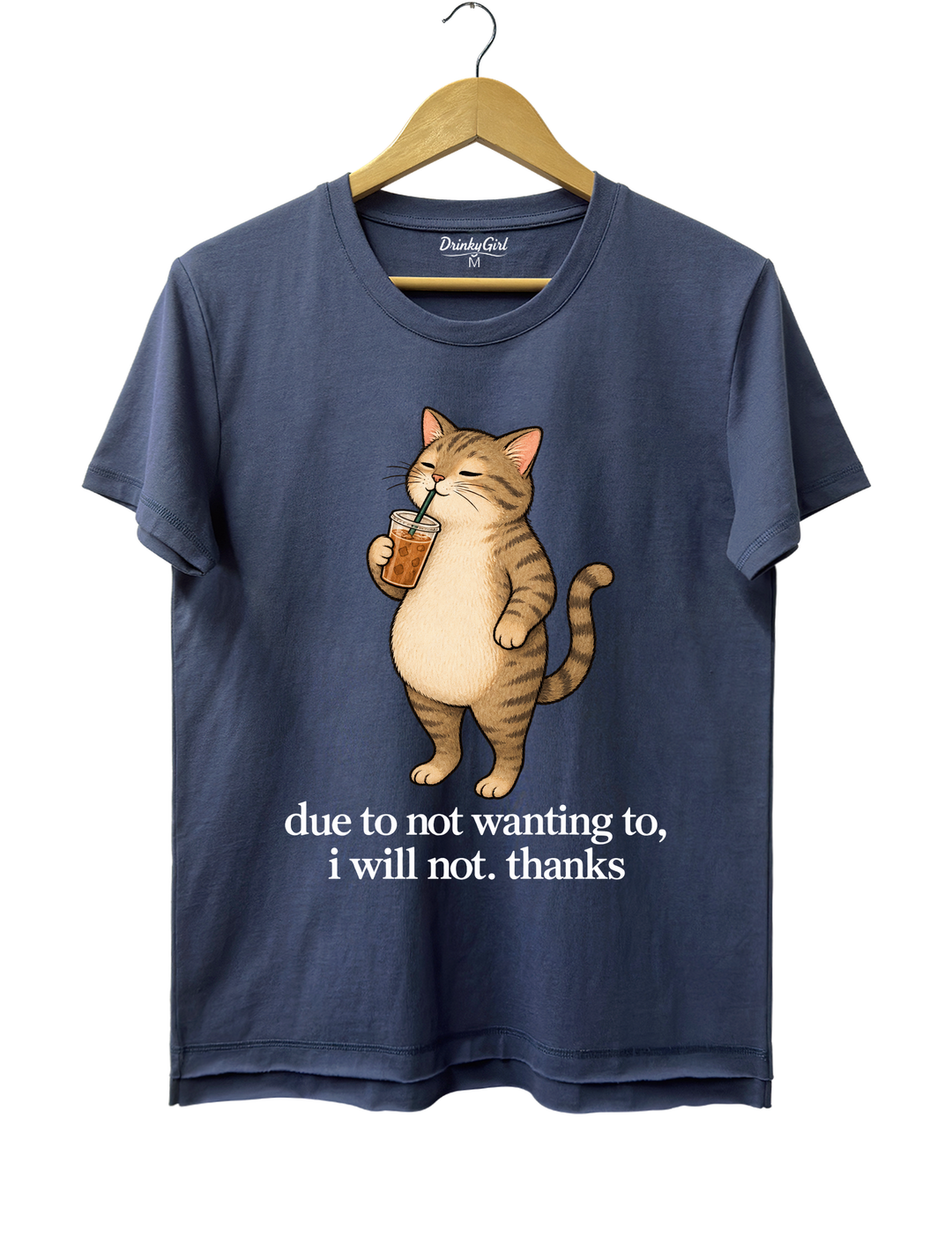Due to Not Wanting To I Will Not Thanks Iced Coffee Cat Tee - Navy Blue