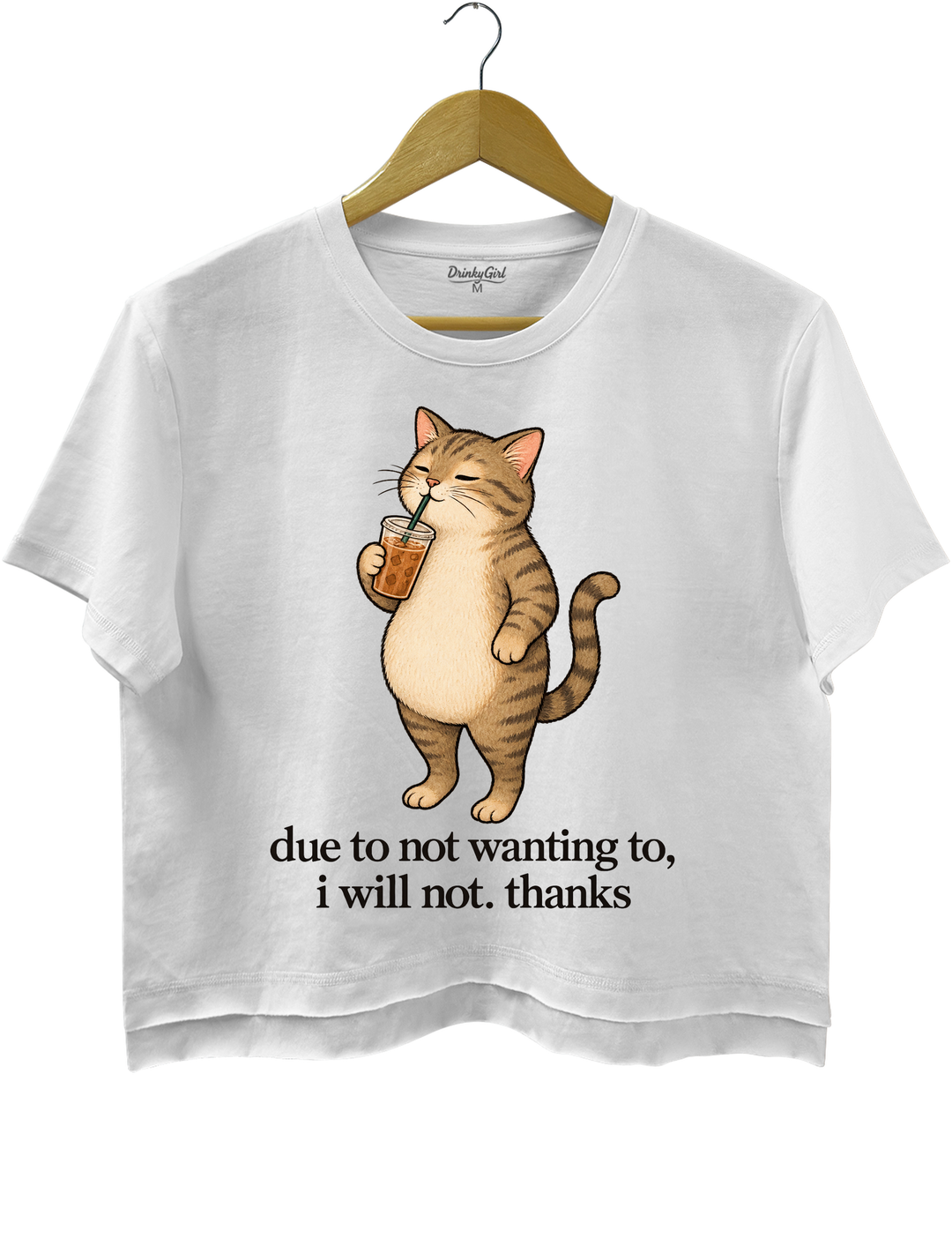 Due to Not Wanting To I Will Not Thanks Iced Coffee Cat Crop Top - White