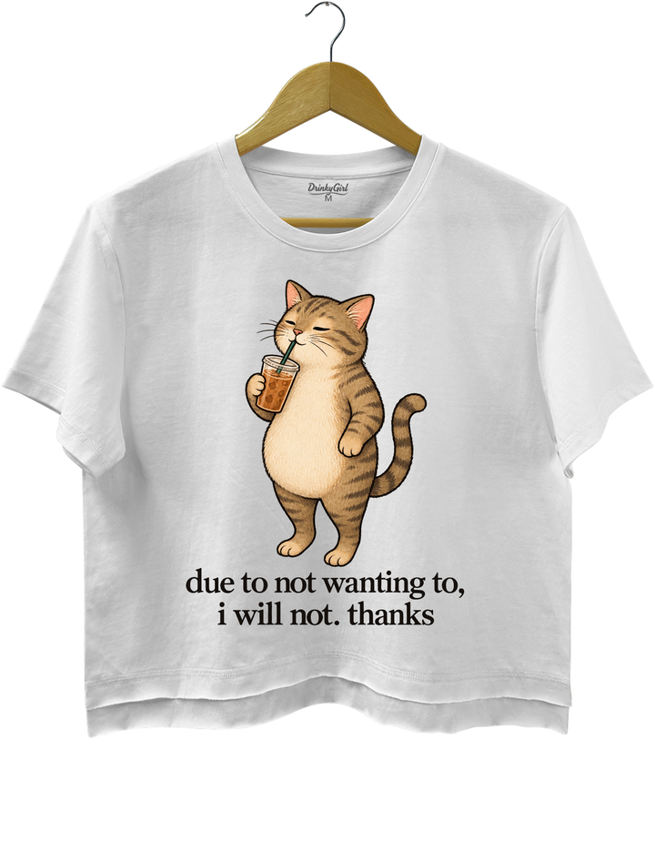 Due to Not Wanting To I Will Not Thanks Iced Coffee Cat Crop Top - White