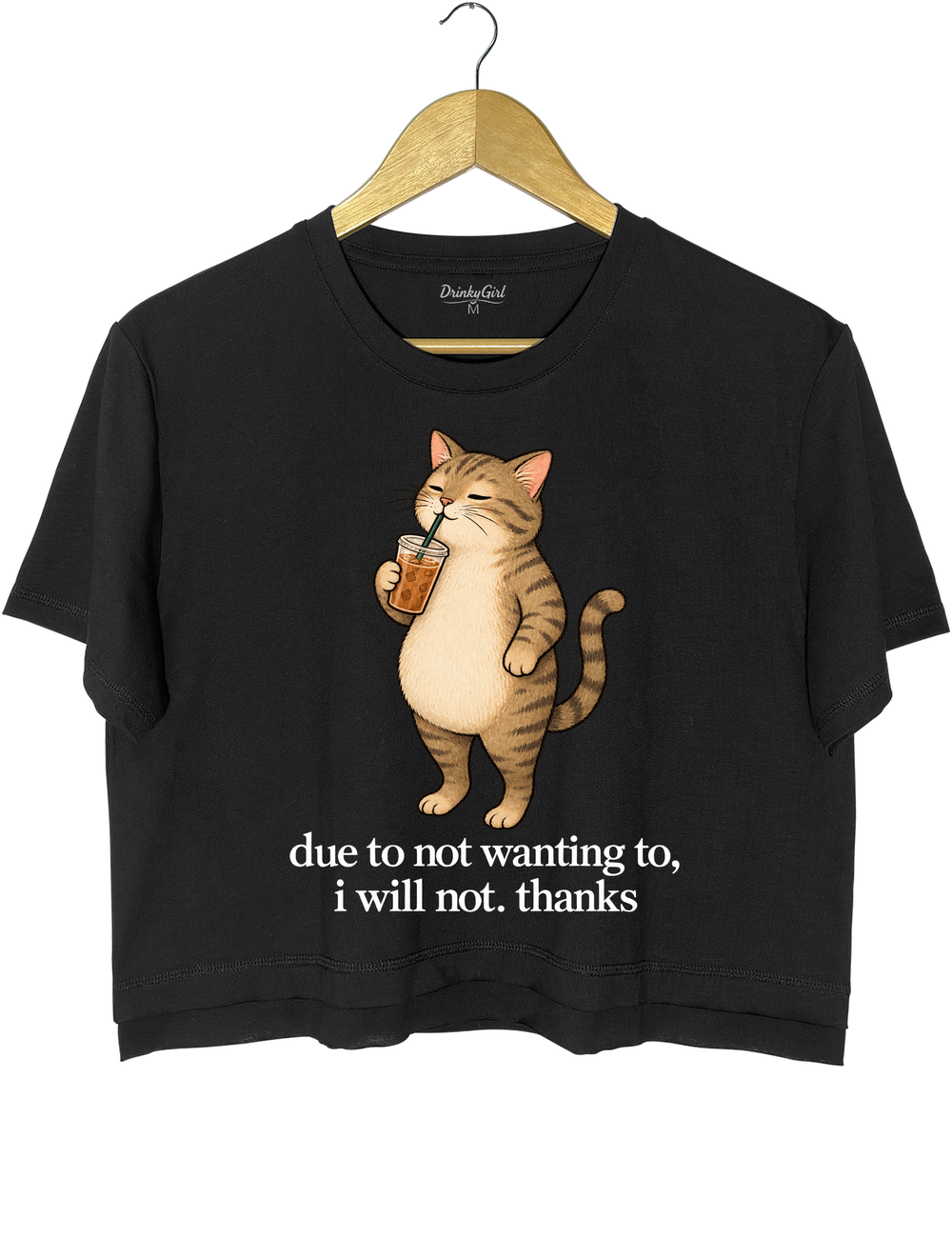 Due to Not Wanting To I Will Not Thanks Iced Coffee Cat Crop Top - Black