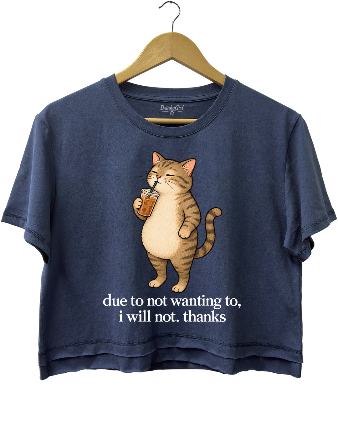 Due to Not Wanting To I Will Not Thanks Iced Coffee Cat Crop Top - Navy Blue