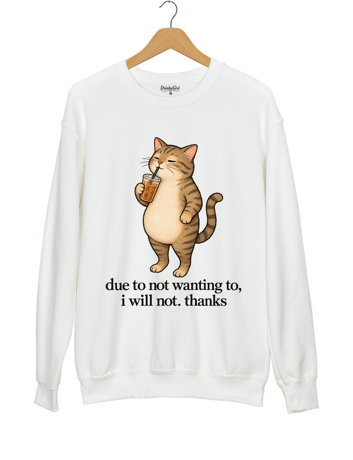 Due to Not Wanting To I Will Not Thanks Iced Coffee Cat Sweatshirt - White