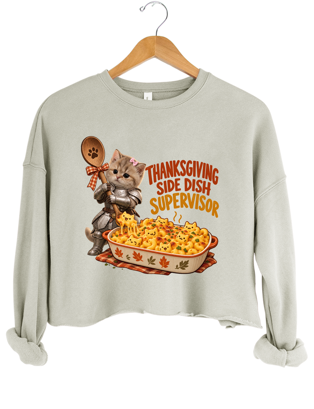 Thanksgiving Side Dish Supervisor Knight Kitten Mac and Cheese Crop Sweatshirt - Gray