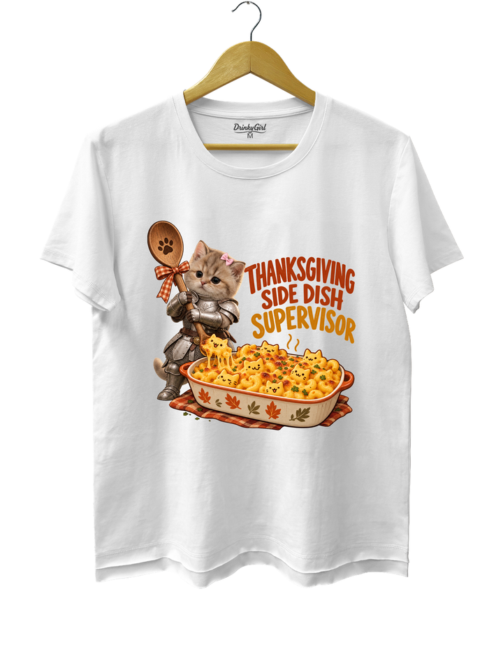 Thanksgiving Side Dish Supervisor Knight Kitten Mac and Cheese Tee - White
