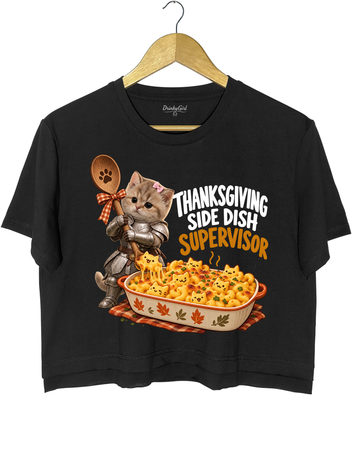 Thanksgiving Side Dish Supervisor Knight Kitten Mac and Cheese Crop Top - Black