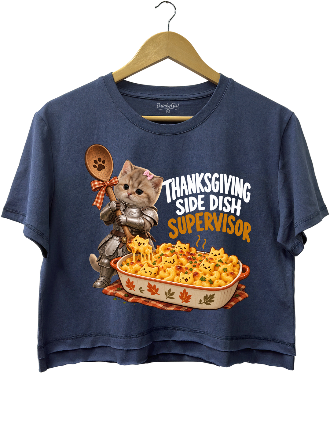 Thanksgiving Side Dish Supervisor Knight Kitten Mac and Cheese Crop Top - Navy Blue