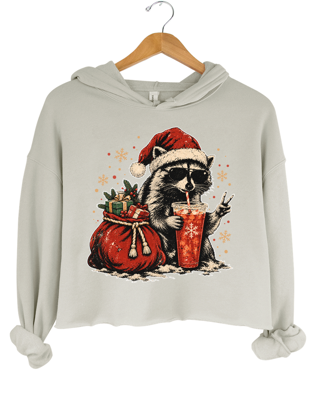 Vintage Christmas Raccoon Crop Hoodie - Gray
