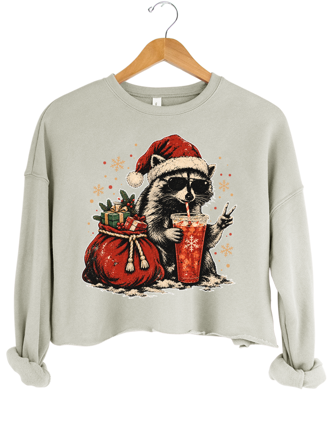 Vintage Christmas Raccoon Crop Sweatshirt - Gray