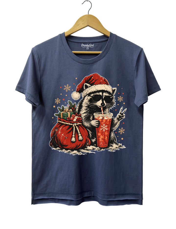 Vintage Christmas Raccoon Tee - Navy Blue