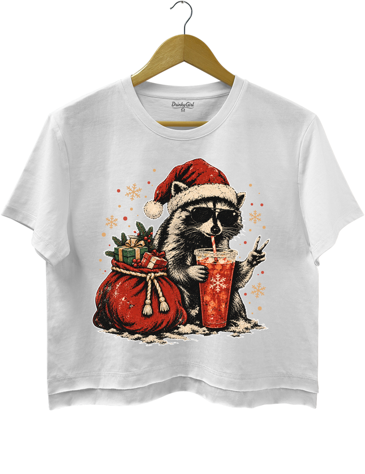 Vintage Christmas Raccoon Crop Top - White