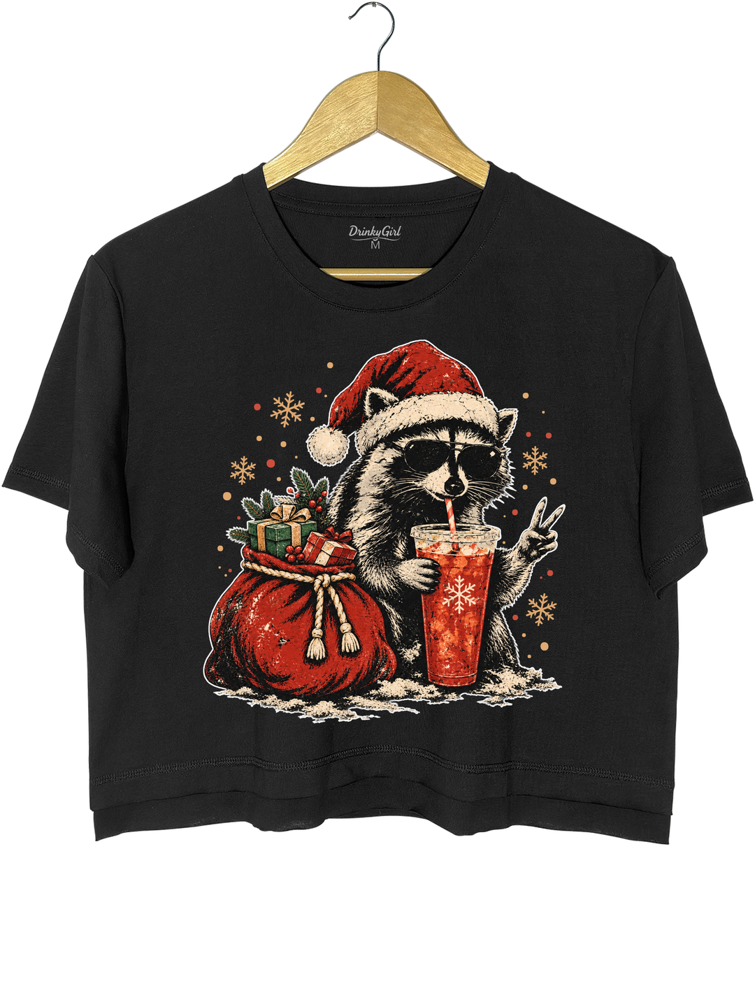Vintage Christmas Raccoon Crop Top - Black