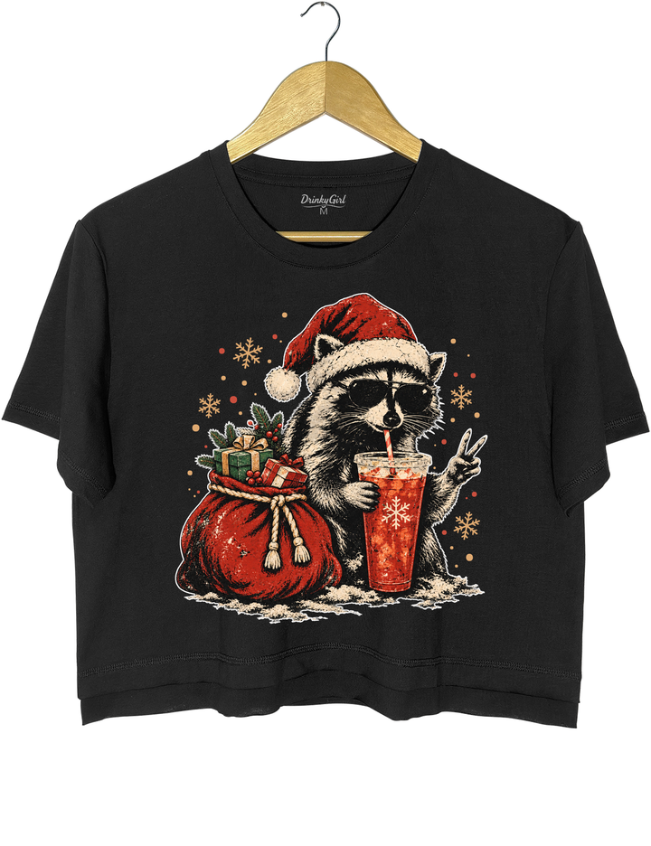 Vintage Christmas Raccoon Crop Top - Black