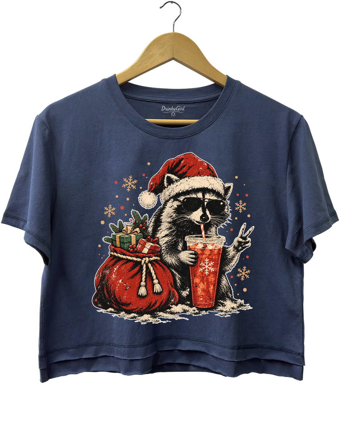 Vintage Christmas Raccoon Crop Top - Navy Blue