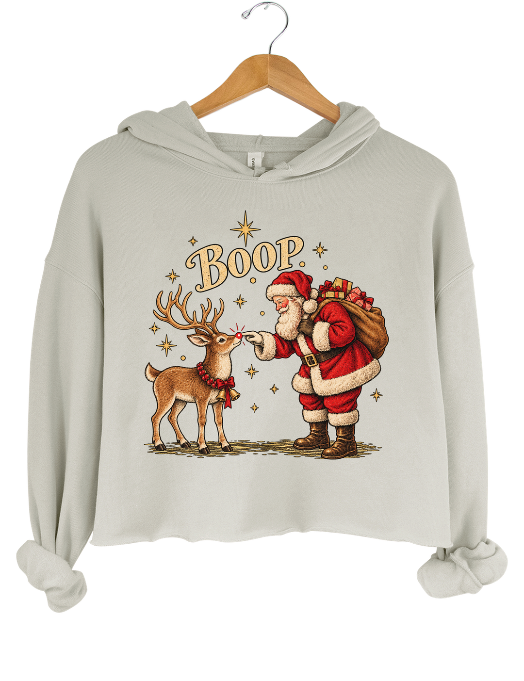Boop Vintage Santa Claus and Red Nosed Reindeer Crop Hoodie - Gray