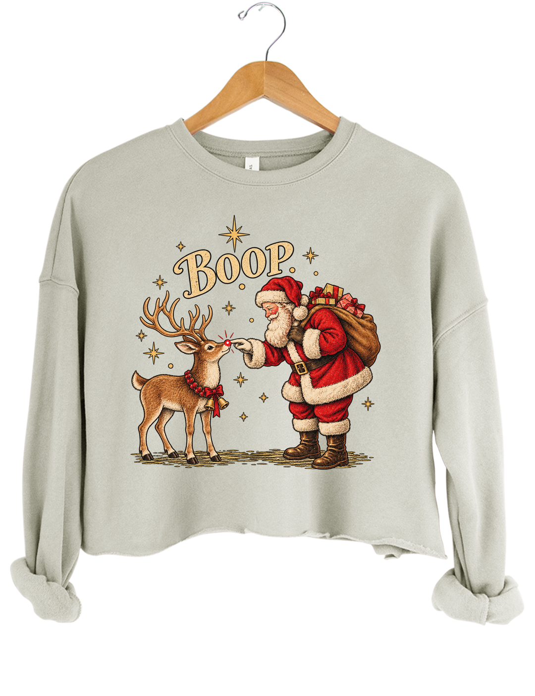Boop Vintage Santa Claus and Red Nosed Reindeer Crop Sweatshirt - Gray