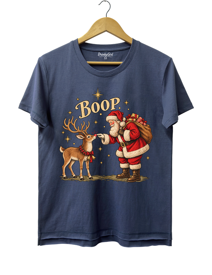 Boop Vintage Santa Claus and Red Nosed Reindeer Tee - Navy Blue