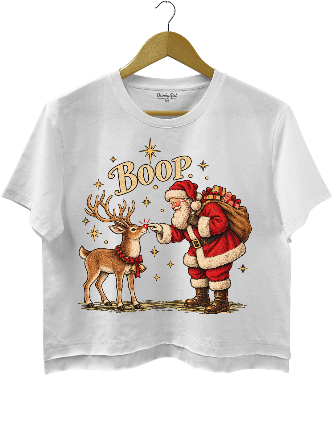 Boop Vintage Santa Claus and Red Nosed Reindeer Crop Top - White