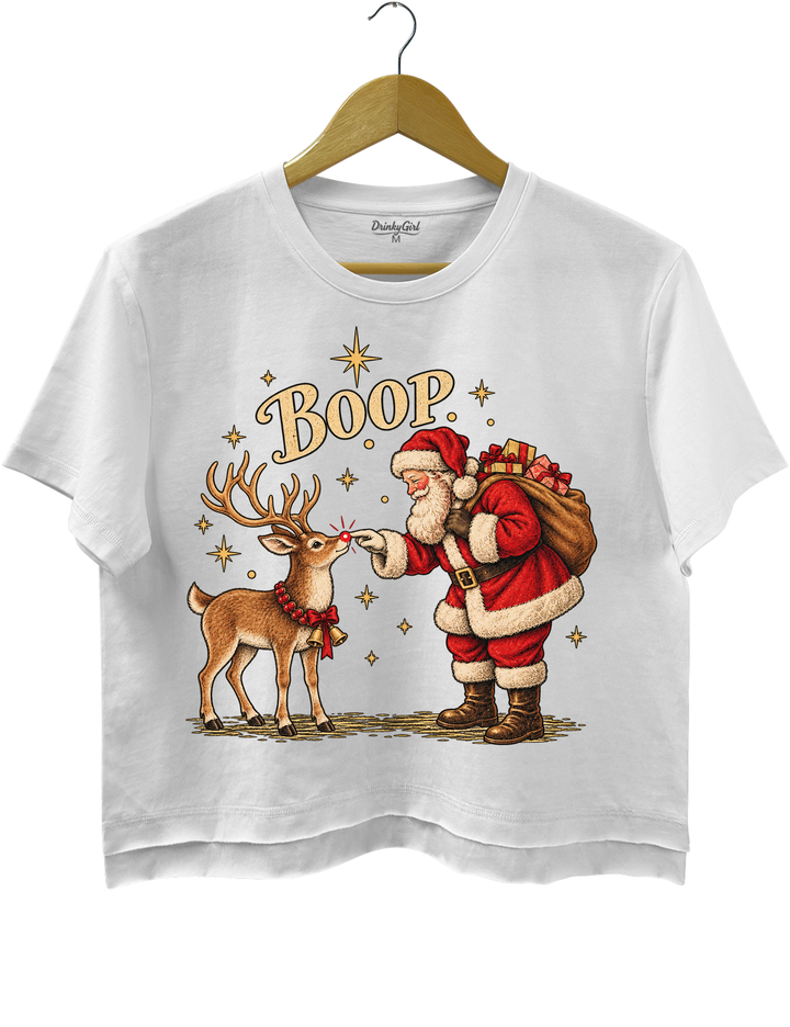 Boop Vintage Santa Claus and Red Nosed Reindeer Crop Top - White