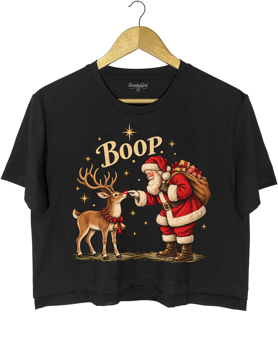 Boop Vintage Santa Claus and Red Nosed Reindeer Crop Top - Black